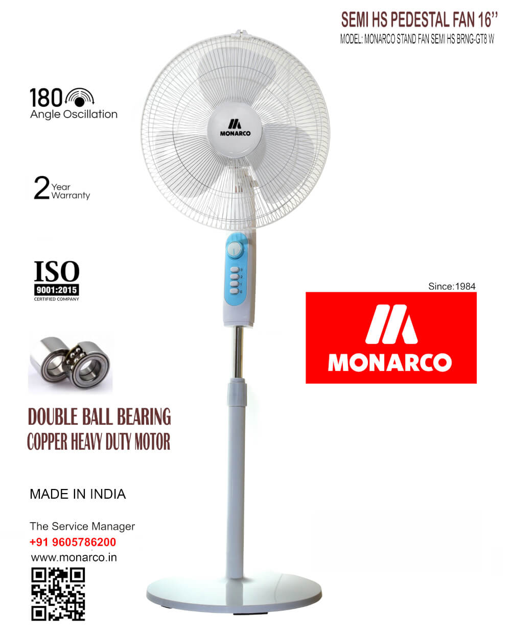 Monarco Semi HS Pedestal Fan 16" White 