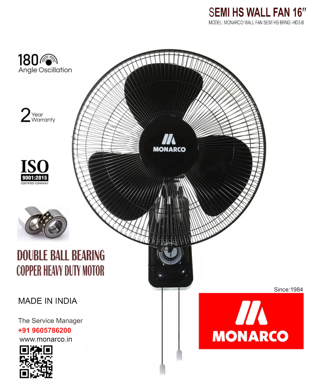 Monarco Semi HS Wall Fan 16"